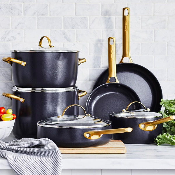 GreenPan Reserve Collection 10 Piece Set, 8" Open Frypan, 11" Open Frypan, 2QT Covered Saucepan, 2.5QT Covered Sautepan, 6QT Covered Casserole w. 2 spouts and straining lid, 8QT Covered Stockpot | Black