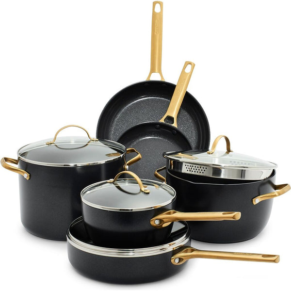 GreenPan Reserve Collection 10 Piece Set, 8" Open Frypan, 11" Open Frypan, 2QT Covered Saucepan, 2.5QT Covered Sautepan, 6QT Covered Casserole w. 2 spouts and straining lid, 8QT Covered Stockpot | Black