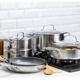 GreenPan Chatham Stainless Steel New Collection 12pc Set: 9.5" fry pan, 11" frypan, 1.5QT saucepan w/lid, 2QT saucepan w/lid, 3.58" saute pan w/lid, 6QT stock pot, 2 bamboo utensils + bonus sponge