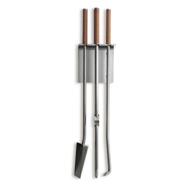 Conmoto 3 Piece Fireside Tool Set with Wall Mount by Peter Maly | Stainless Steel & Leather CO-PMTW