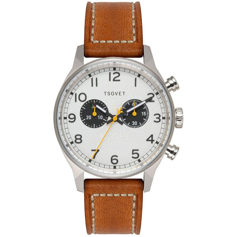 Tsovet SVT-DE40 Swiss Quartz Silver & White Watch | Brown Leather