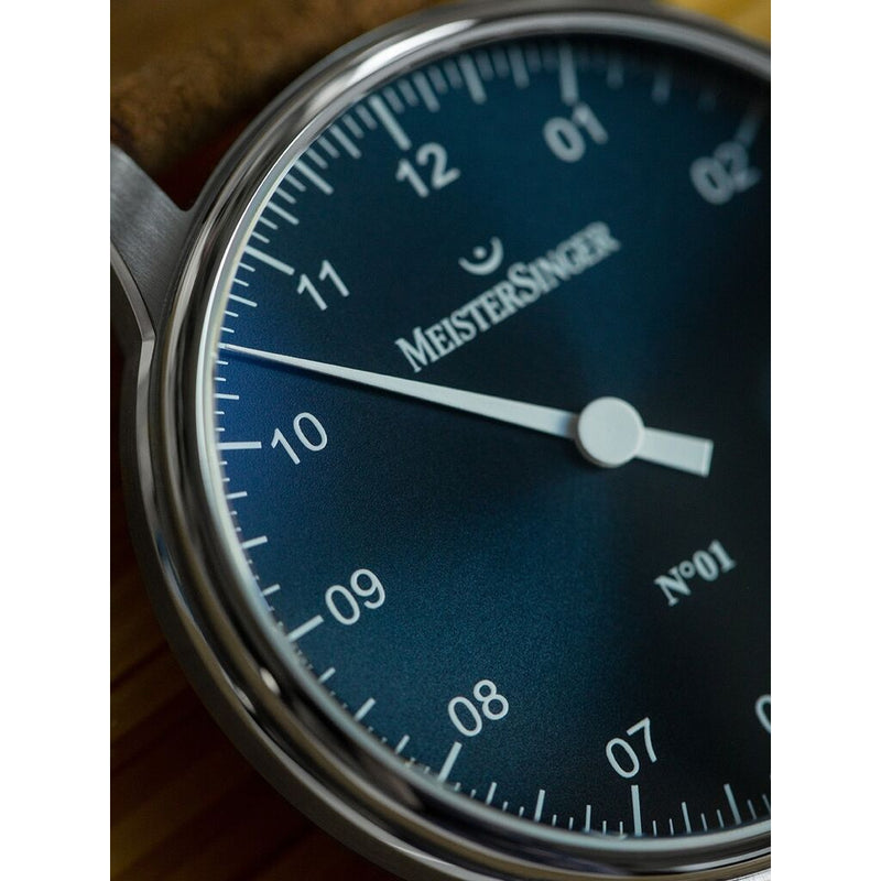 MeisterSinger N° 01 Watch | Steel Blue / Velour Suede Cognac