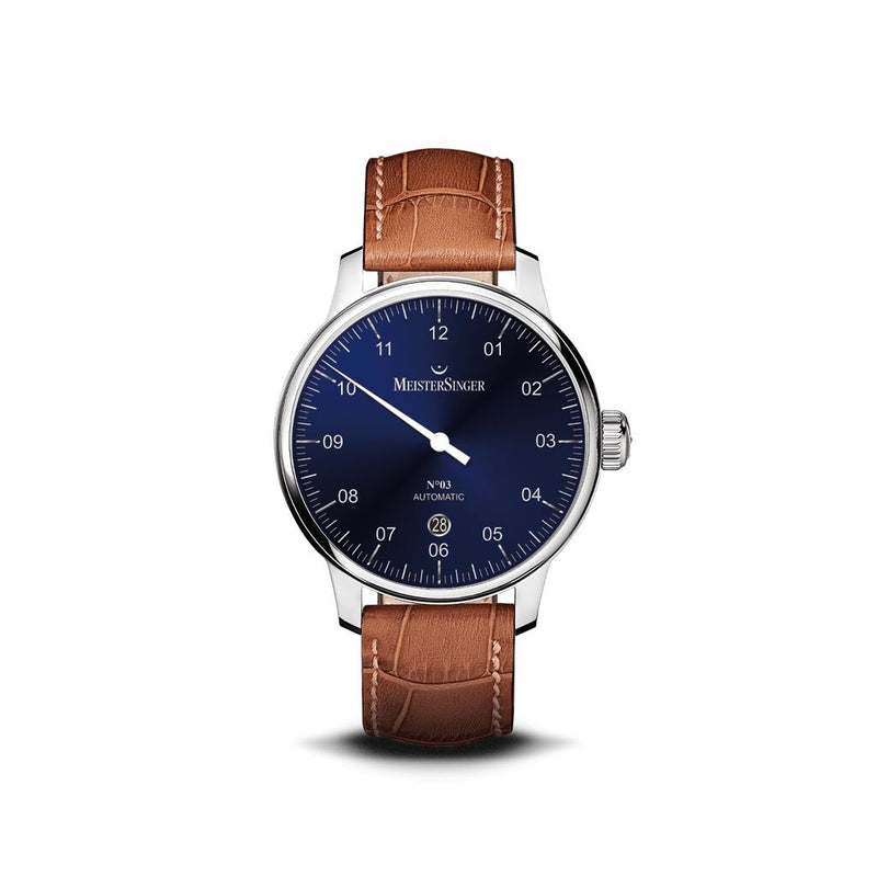 MeisterSinger N° 03 Watch | Sunburst Blue / Croco Print Calf Leather Cognac