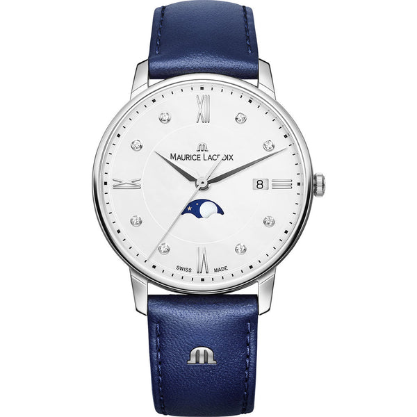 Maurice Lacroix Women's Eliros Moonphase 35mm Watch | Silver/Blue Leather EL1096-SS001-150-1