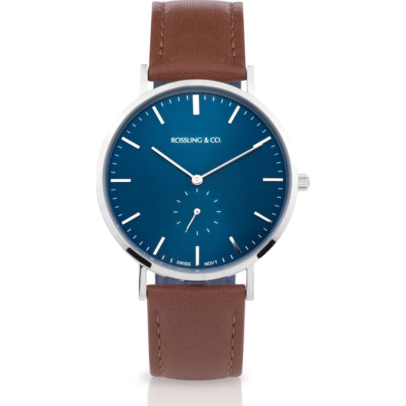 Rossling & Co. Classic 40mm Westhill Leather Watch | Silver/Blue/Brown- RO-001-028