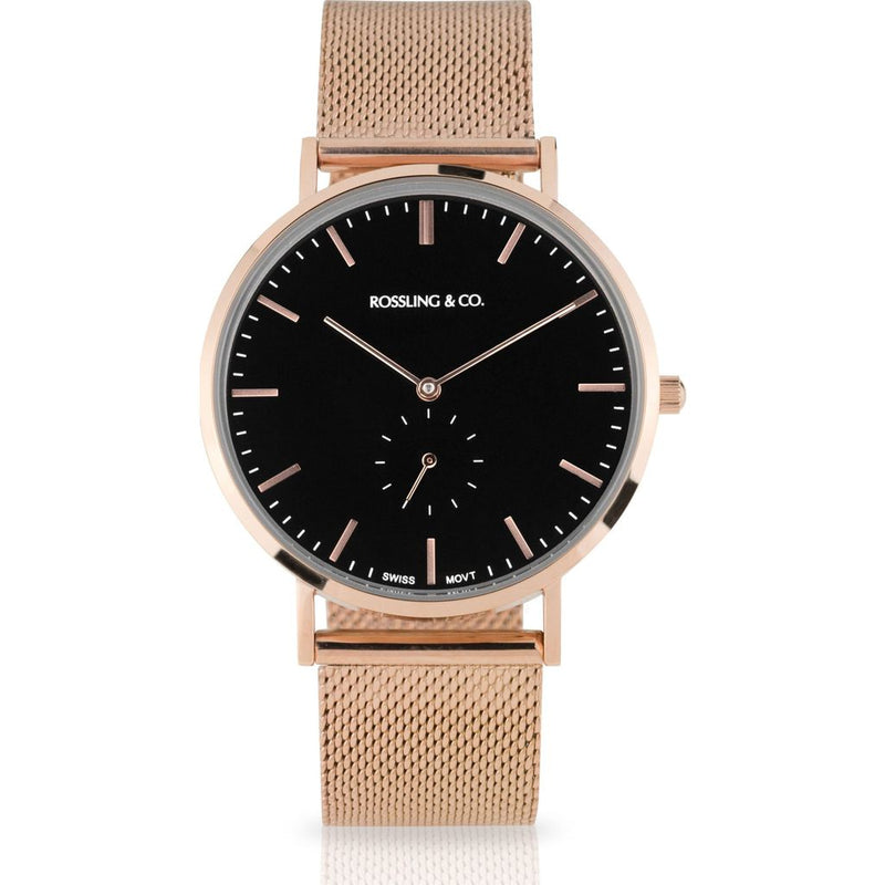 Rossling & Co. Classic 40mm Mesh Stainless Steel Watch | Rose Gold/Black/Rose Gold- RO-001-029