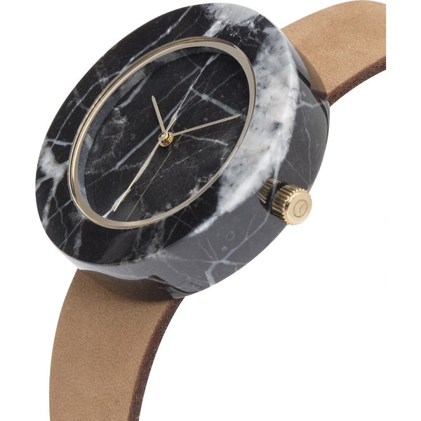 Analog Mason Genuine Black Marble Circular Watch | Tan Strap gt-bo