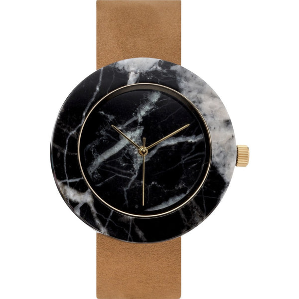 Analog Mason Genuine Black Marble Circular Watch | Tan Strap gt-bo