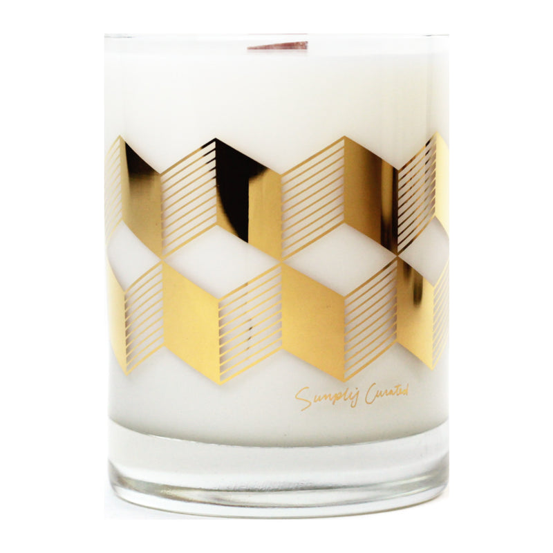 100% soy wax that is grown in the USA Burn time: 75 hours Dermatologically tested, skin safe Domestically sourced wood wicks 100% phthalate free Lower melting point, will not burn or stain if spilled Poured into a 12 oz. rocks glass Screenprinted with 22k gold
