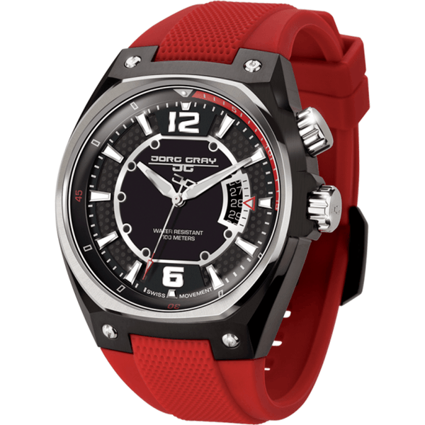 Jorg Gray JG8300-12 Black w/ Red Three Hand Men's Watch | Silicone