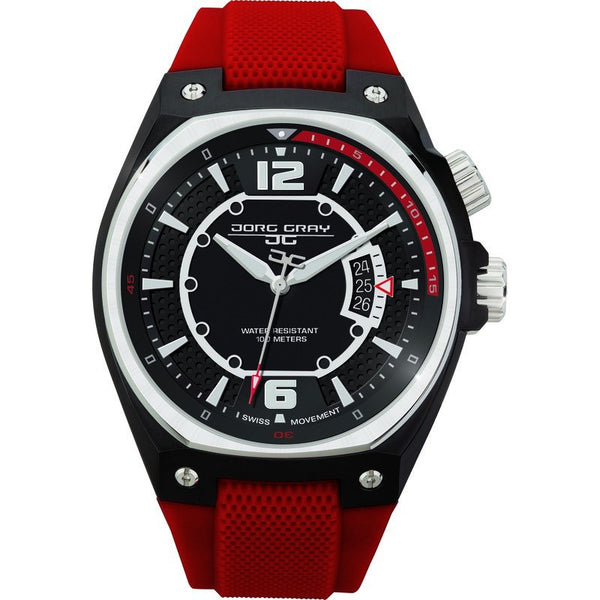 Jorg Gray JG8300-12 Black w/ Red Three Hand Men's Watch | Silicone