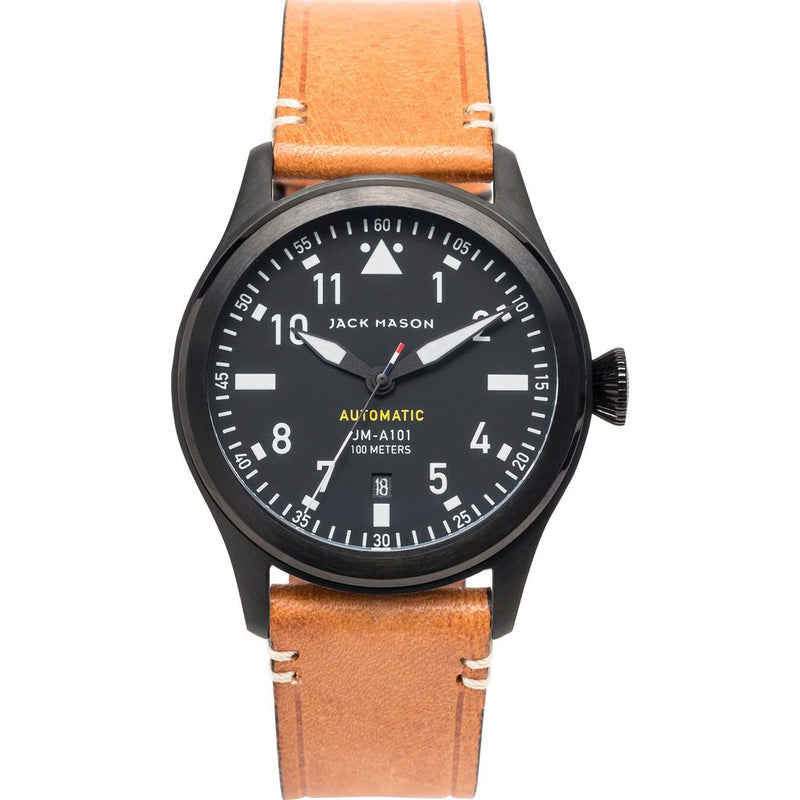 Jack Mason Aviator Black Automatic Black PVD Watch | Tan Leather JM-A101-040