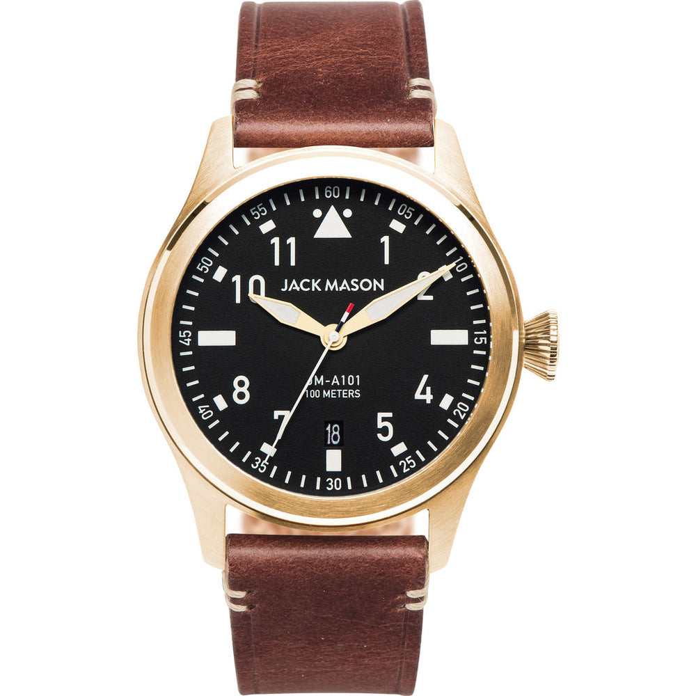Jack Mason Black Aviator 3-Hand Gold Watch 42mm Brown Leather