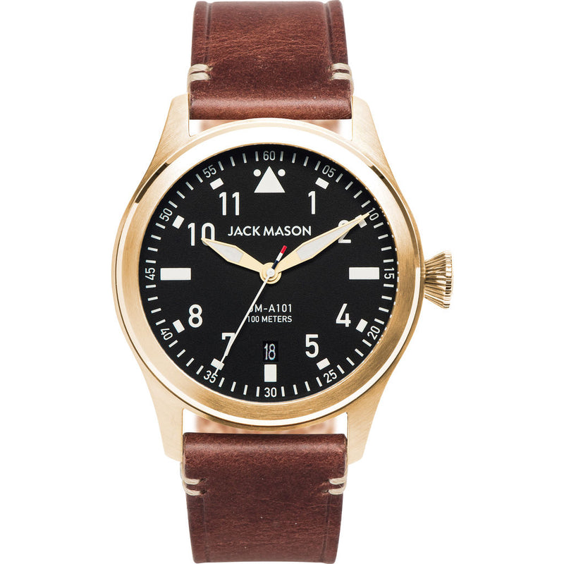Jack Mason Black Aviator 3-Hand Gold Watch 42mm Brown Leather