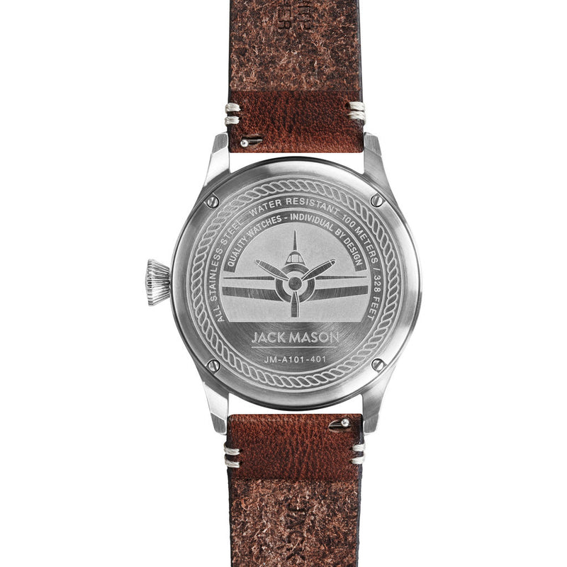 Jack Mason Black Aviator 3-Hand Stainless Steel Watch | Brown Leather JM-A101-401