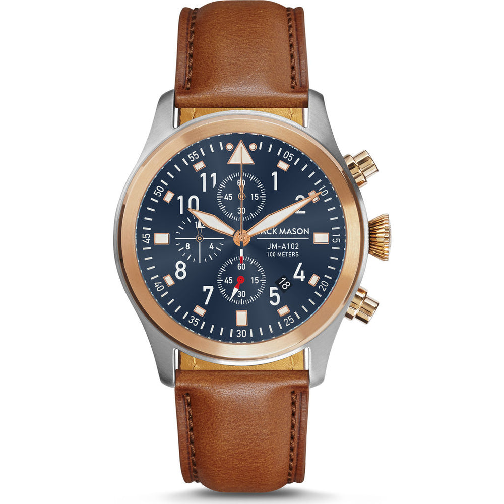 Jack Mason Blue Aviator Chronograph Two Tone Watch | Tan Leather