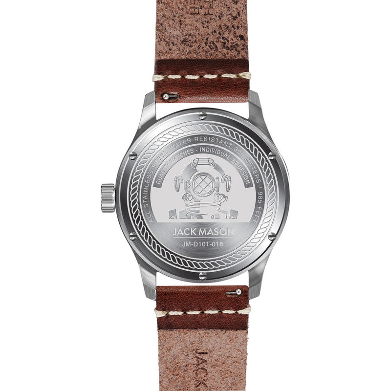 Jack Mason Black Diver 3-Hand Stainless Steel Watch | Brown Leather JM-D101-018