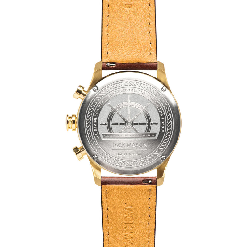 Jack Mason Black Nautical Chronograph Gold Watch 42mm | Brown Leather  JM-N102-206