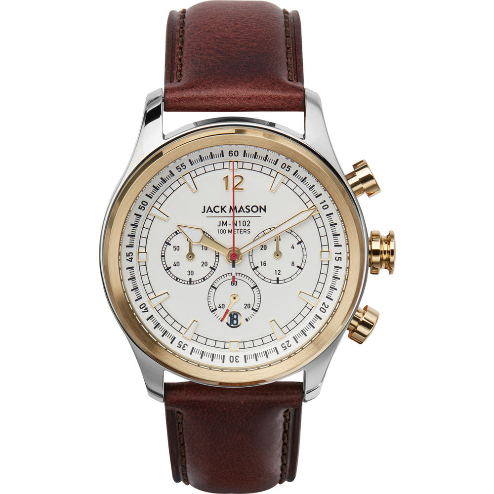 Jack Mason White Nautical Chronograph Two Tone Watch Brown Leather