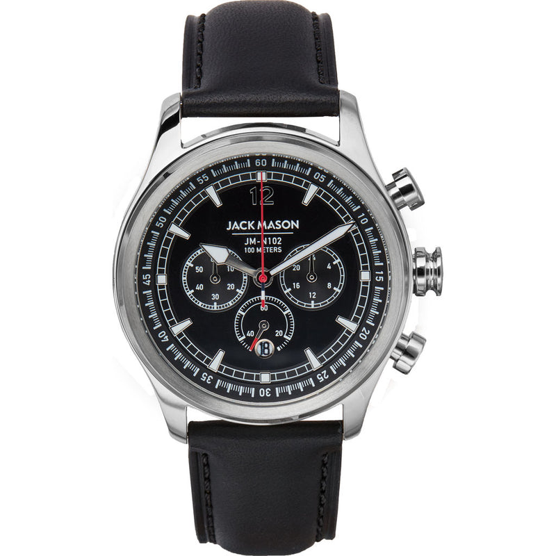 Jack Mason Black Nautical Chronograph Stainless Steel Watch | Black Leather JM-N102-325