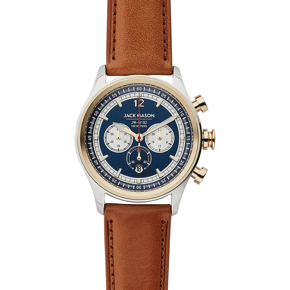 Mann Dancer① Jack Mason Navy Nautical Chronograph Two Tone WatchTan Leather
