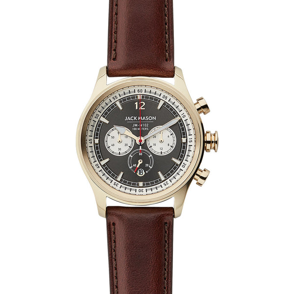 Jack Mason Gray Nautical Chronograph Gold Watch Brown Leather