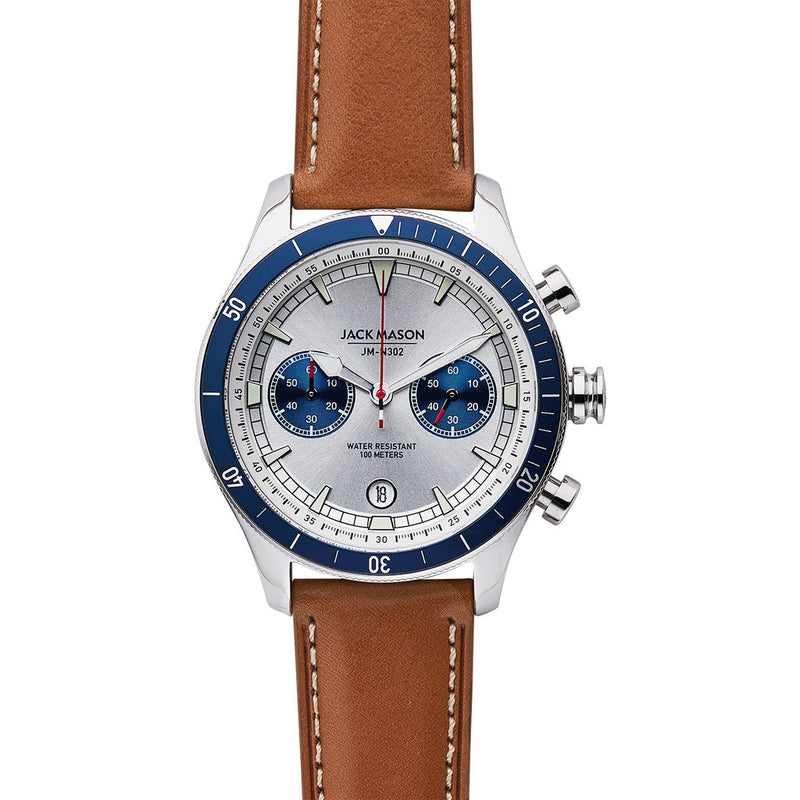 Jack Mason White Nautical Chronograph Stainless Steel Watch | Tan Leather JM-N302-026