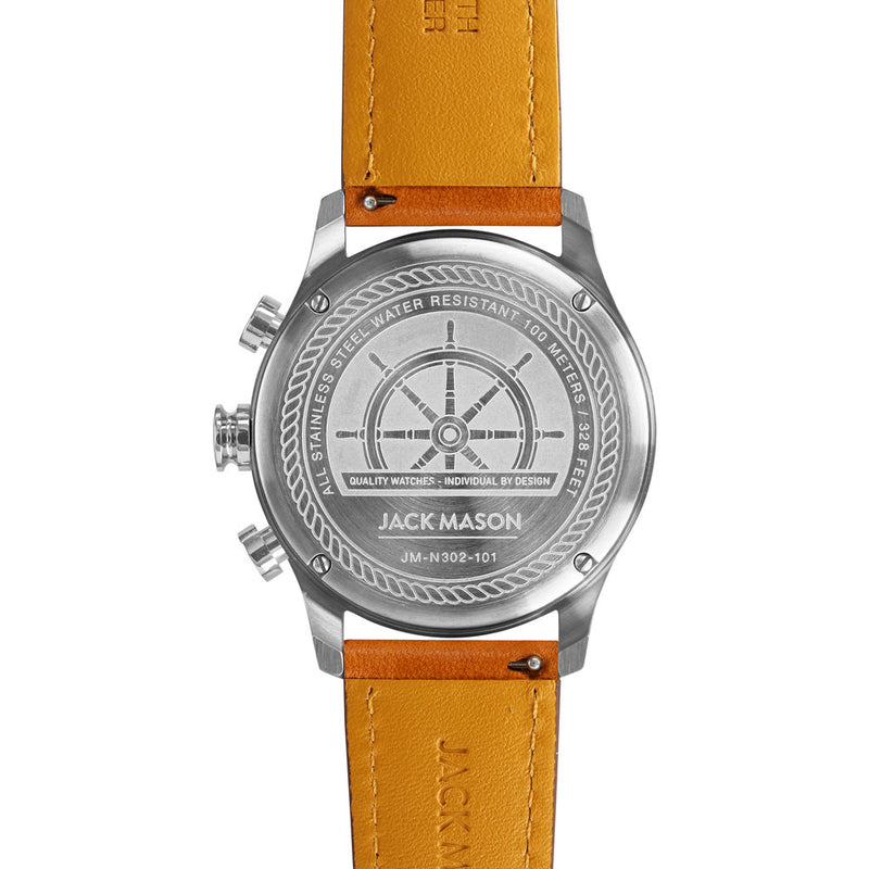 Jack Mason White Nautical Chronograph Stainless Steel Watch | Tan Leather JM-N302-101