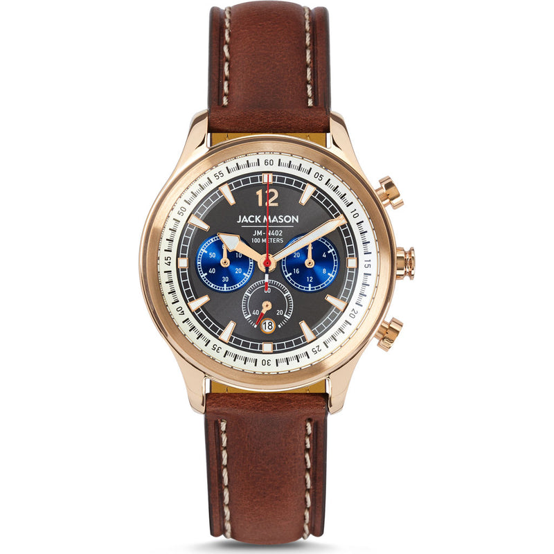 Jack Mason Gray Nautical Chronograph Rose Gold Watch | Brown Leather JM-N402-003