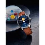 MeisterSinger Lunascope Watch | Sunburst Blue w/ Golden Indecies and Moon / Croco Print Calf Leather Cognac