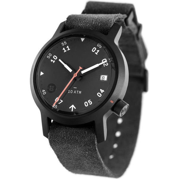Minus-8 Anza Black Field Watch | Matte Black Suede P024-017-2Strap-MBO