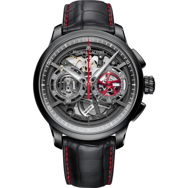 Maurice Lacroix Masterpiece Chronograph Skeleton 45mm Watch | Black/Black Leather MP6028-PVB01-001-1