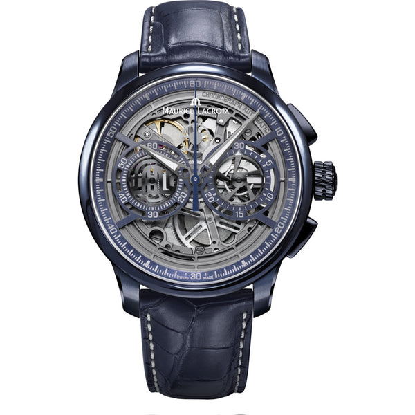 Maurice Lacroix Masterpiece Chronograph Skeleton 45mm Watch | Blue/Blue Leather MP6028-PVC01-002-1