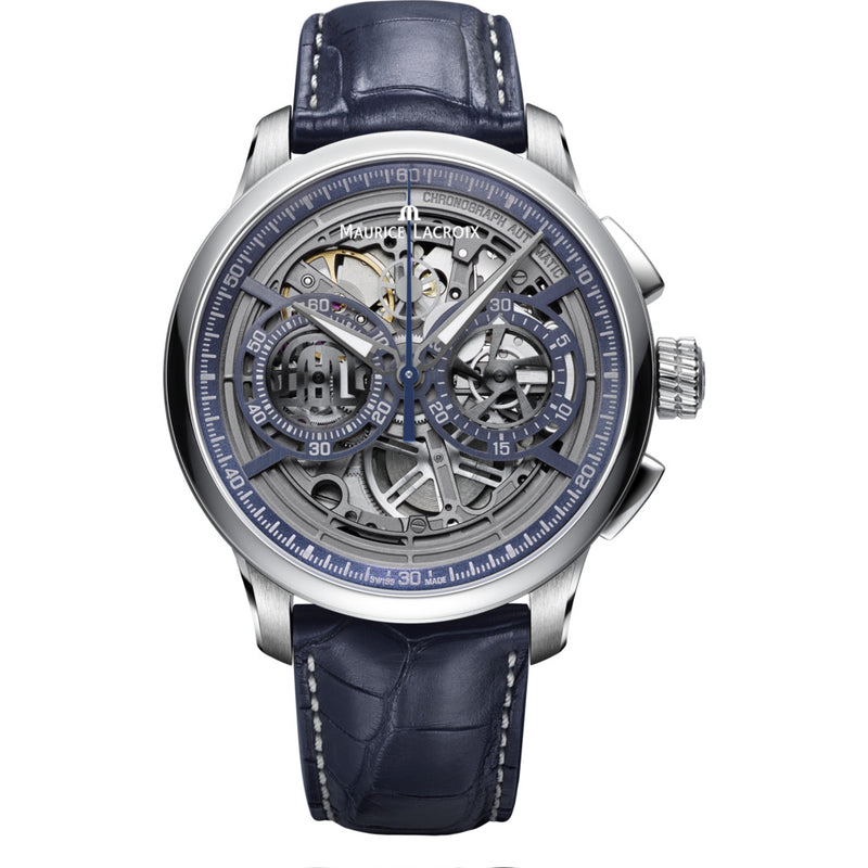 Maurice Lacroix Masterpiece Chronograph Skeleton 45mm Watch | Grey/Blue Leather MP6028-SS001-002-1