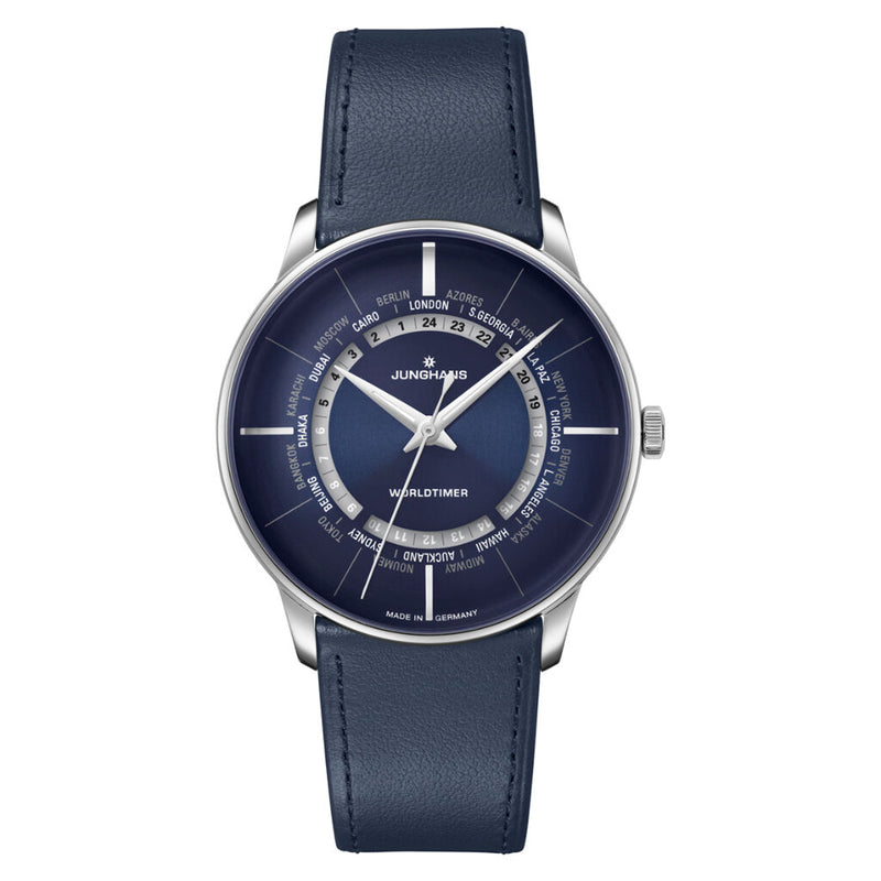 Junghans Meister Worldtimer Watch | Blue Leather/Stainless Steel 027/3010.02