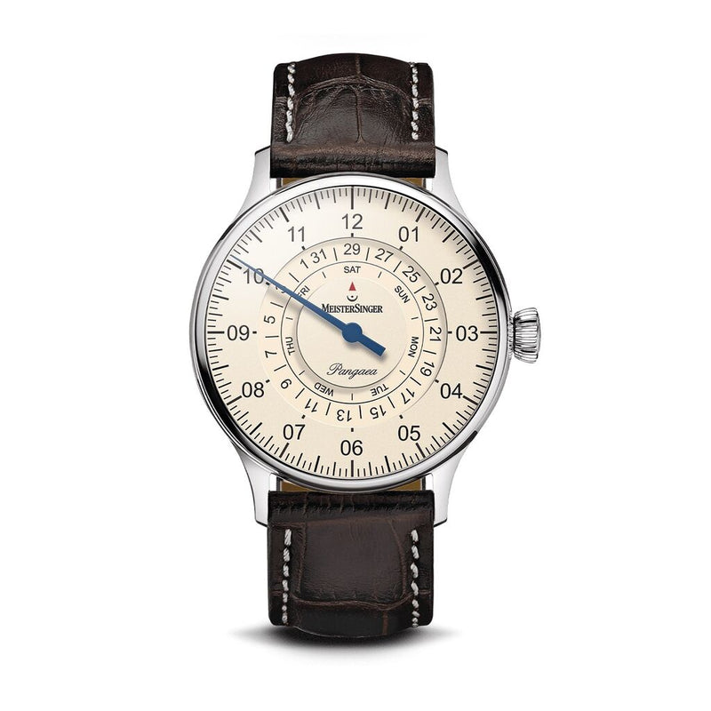 MeisterSinger Pangaea Day Date Watch | Ivory / Croco Print Calf Leather Brown w/ White Stitching