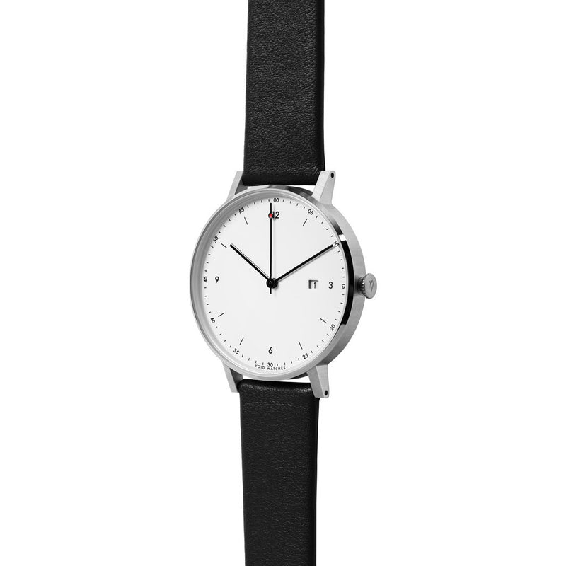 VOID PKG01 Brushed Round White Watch | Black Leather PKG01-SI/BL/WH