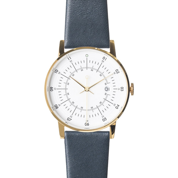 squarestreet SQ38 Plano Polished Gold Stainless Steel Watch | Eggshell White/Navy Leather  SQ38 PS-08