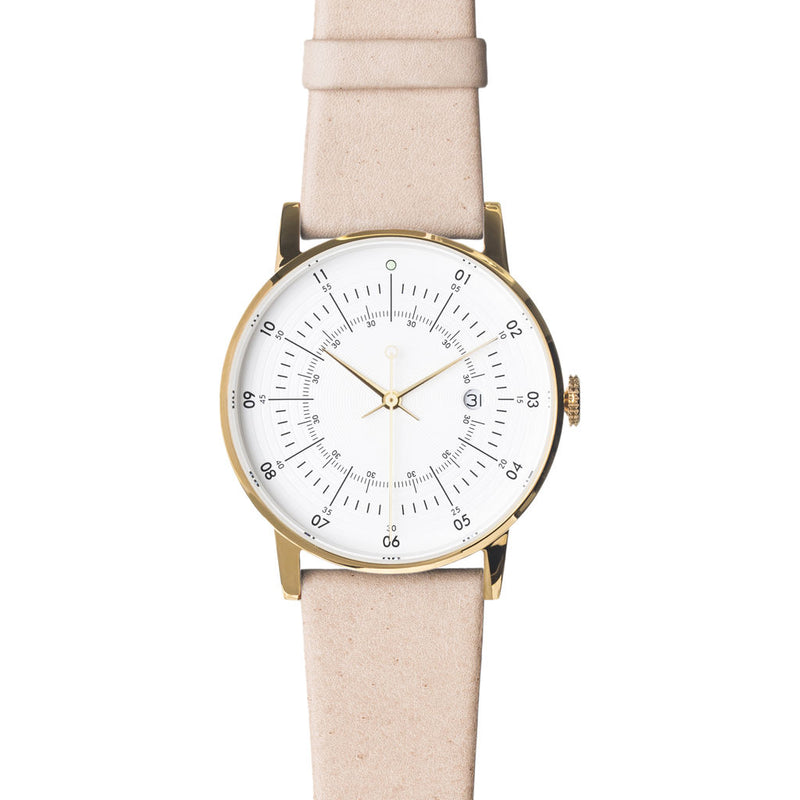 squarestreet SQ38 Plano Polished Gold Stainless Steel Watch | Eggshell White/SWEDISH Natural Reindeer Leather SQ38 PS-32