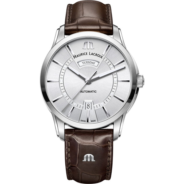 Maurice Lacroix Pontos Day Date 41mm Watch | Silver/Brown Leather PT6358-SS001-130-1