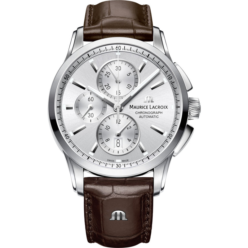 Maurice Lacroix Pontos Chronograph 43mm Watch | Silver/Brown Leather PT6388-SS001-130-1