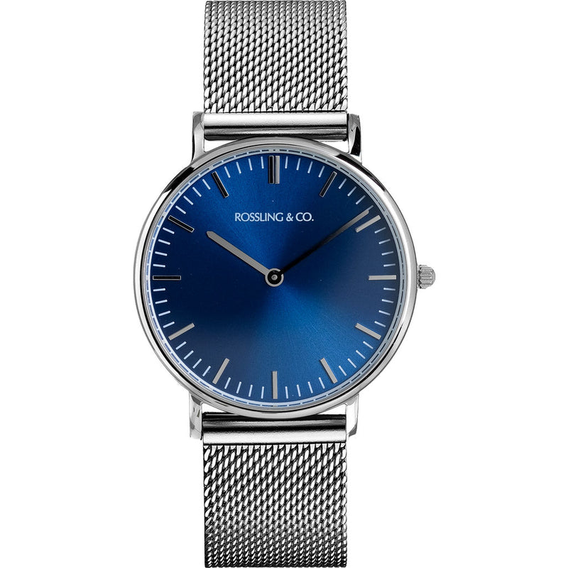 Rossling & Co. Classic 36mm Silver Mesh Watch | Silver/Blue/Silver- RO-005-004