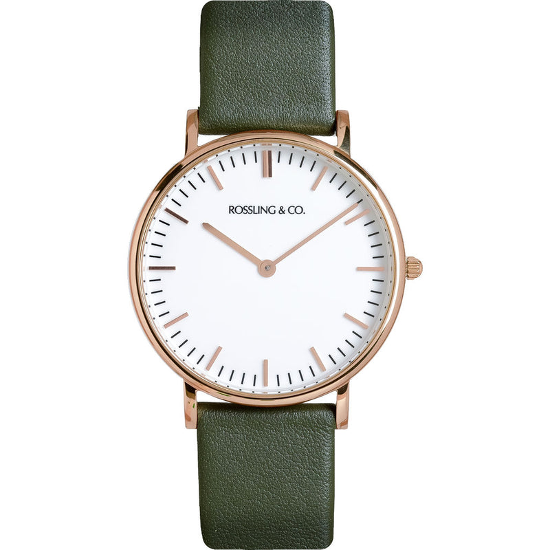 Rossling & Co. Classic 36mm Forest Watch | Rose Gold/White/Dark green- RO-005-009