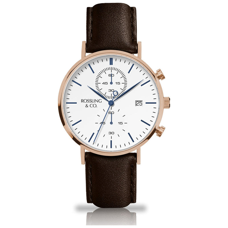 Rossling & Co. Regatta Westhill Leather Chronograph Watch | Rose Gold/White/Brown