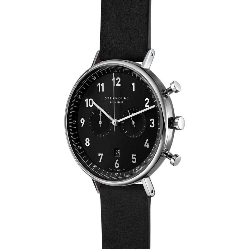 Sternglas Chrono Quartz Watch Black Leather Band | Black/Silver