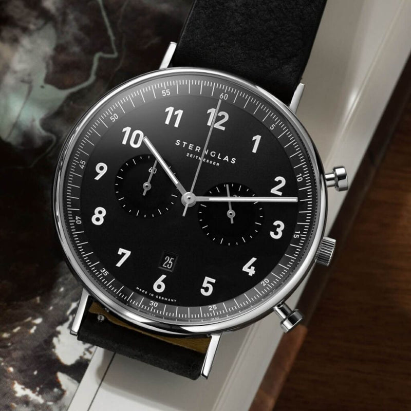 Sternglas Chrono Quartz Watch Black Leather Band | Black/Silver