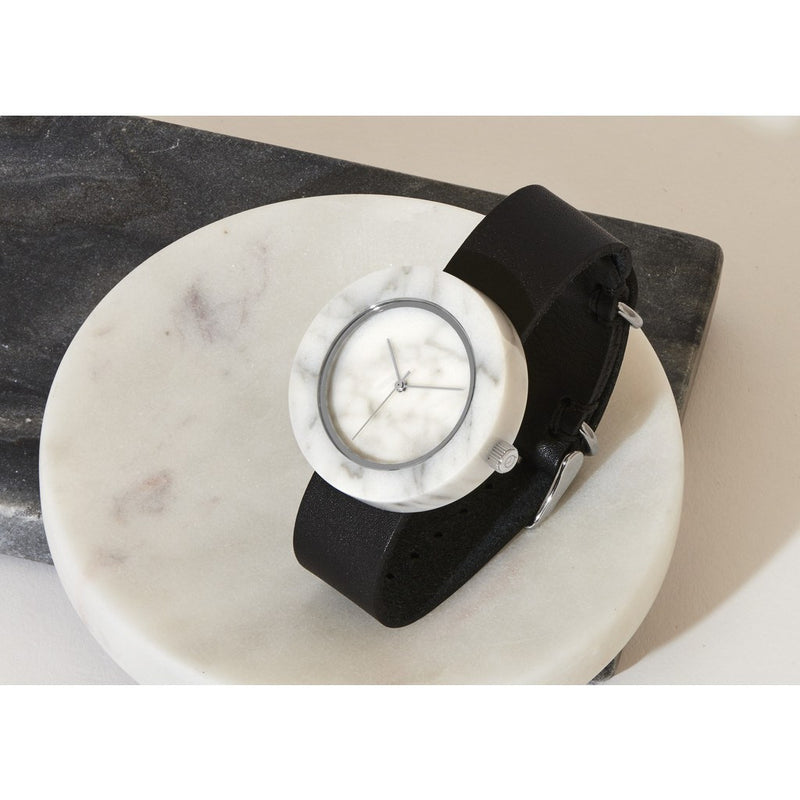 Analog Mason Genuine White Marble Circular Watch | Black Strap sb-wo