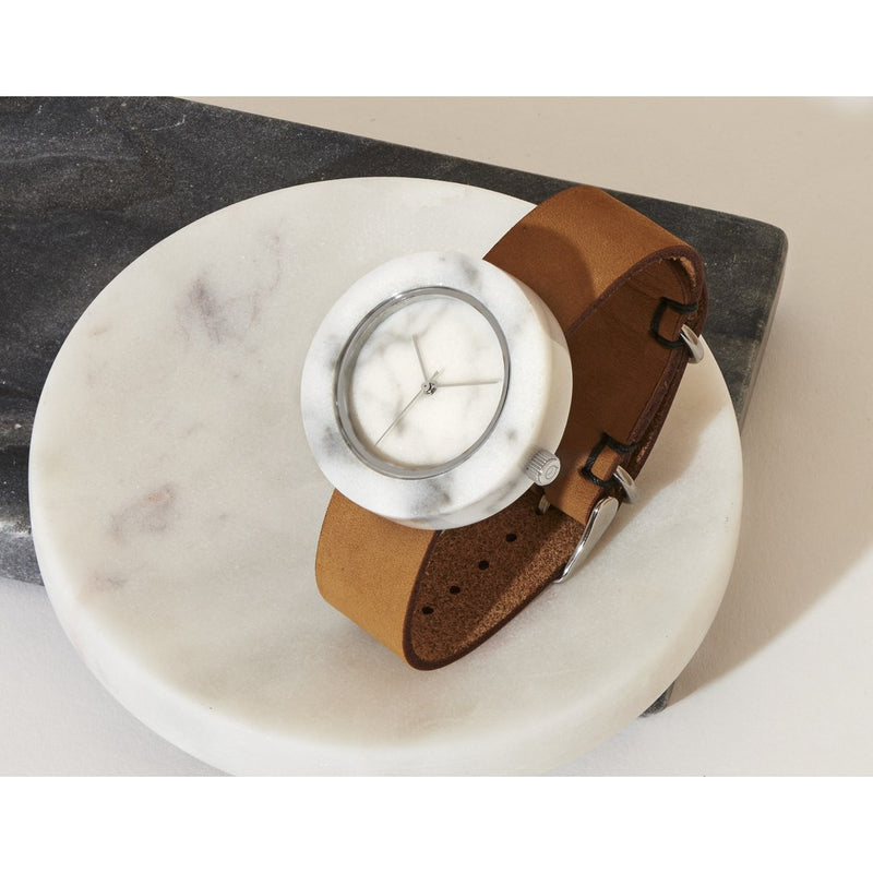Analog Mason Genuine White Marble Circular Watch | Tan Strap st-wo
