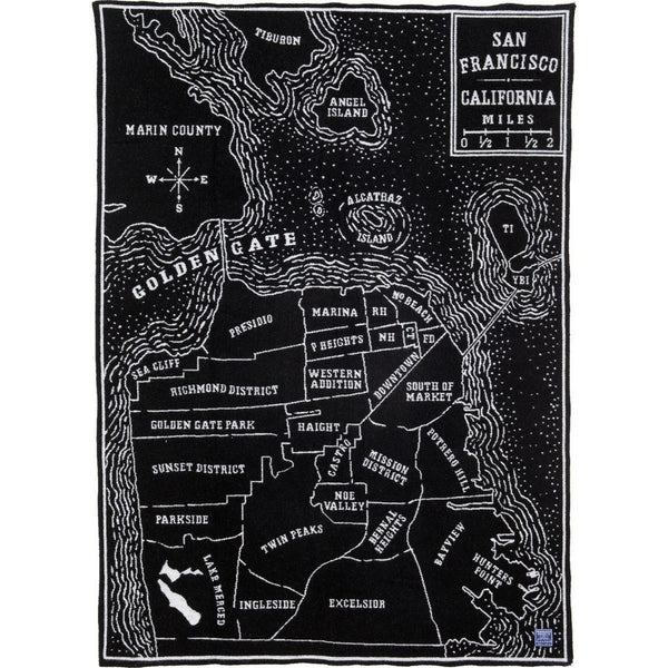 Faribault San Francisco Map Wool Throw | Black 17238 50" x 65"