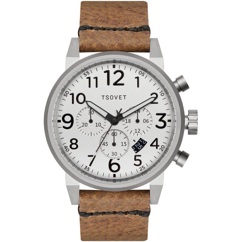 Tsovet JPT-TS44 Japan Quartz Steel & White Chronograph Watch | Tan Leather